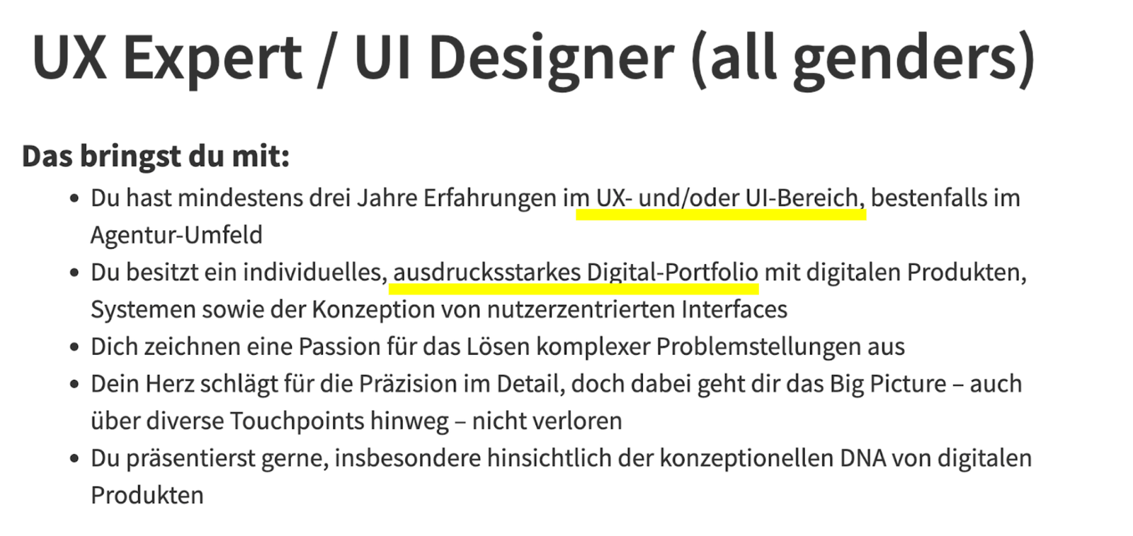 Abb. 1: Stellenanzeige für einen UX Expert / UI Designer. © S. Spittank Abb. 1: Stellenanzeige für einen UX Expert / UI Designer. © S. Spittank