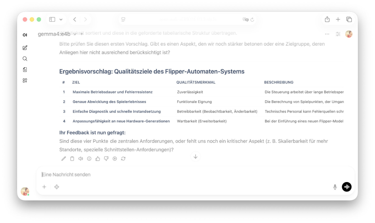 Abbildung 4: Der Agent im Austausch mit einem Ansprechpartner, betrieben mit einem lokalen LLM Abbildung 4: Der Agent im Austausch mit einem Ansprechpartner, betrieben mit einem lokalen LLM. © embarc GmbH